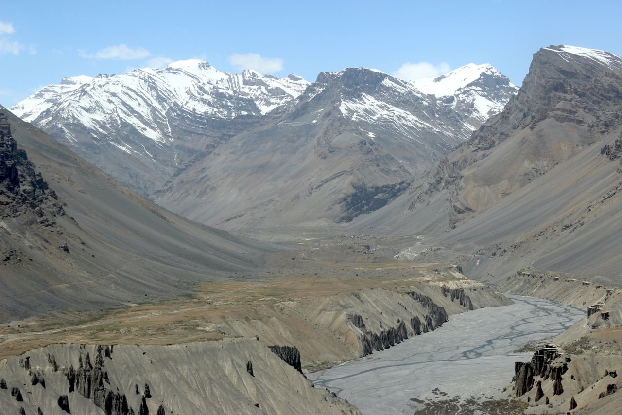 gallery-04 Breathtaking view of the Himalayan mountains with a river valley on a bright summer day.